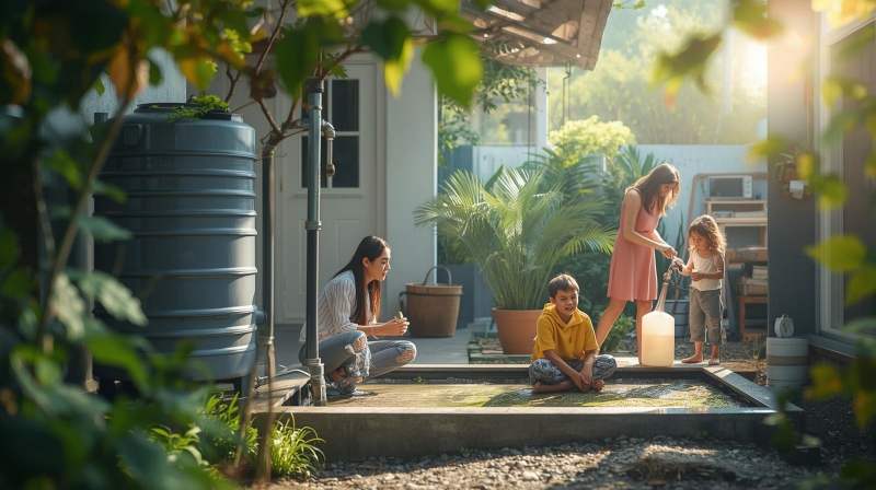 keluarga menjaga kebersihan air rumah tangga dengan tandon tertutup dan filter air bersih