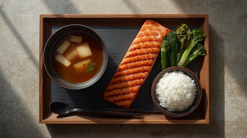 penyajian menu diet Washoku Jepang dengan konsep Ichiju Sansai yang sehat dan rendah kalori.