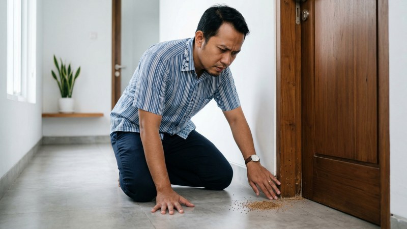Seorang ayah di Indonesia terlihat cemas saat memeriksa kusen pintu rumahnya yang menunjukkan tanda awal serangan rayap
