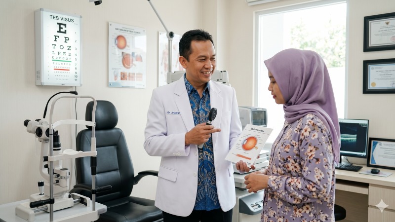 Dokter mata sedang memberikan penjelasan kepada pasien terkait persiapan sebelum tindakan medis.
