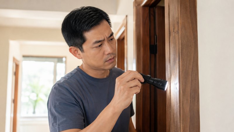 Pemilik rumah memeriksa kusen pintu dengan senter untuk menghindari dampak buruk dari kebiasaan pemicu rayap.