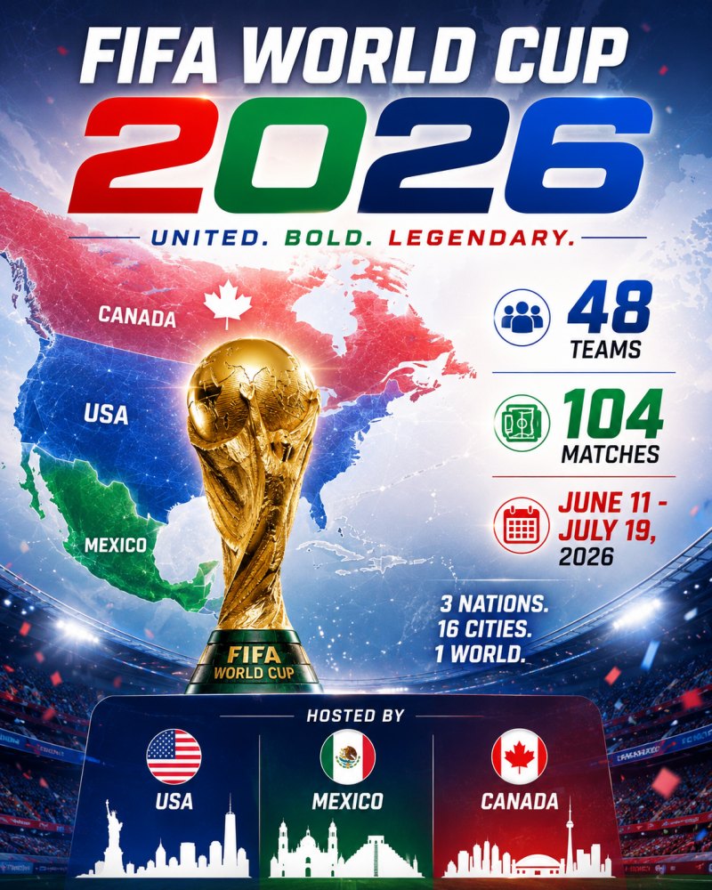 "Infografik ringkas Piala Dunia 2026 yang menginformasikan turnamen ini diikuti oleh 48 tim nasional dengan total 104 pertandingan. Turnamen diselenggarakan di tiga negara tuan rumah yaitu Kanada, Meksiko, dan Amerika Serikat, pada periode 11 Juni hingga 19 Juli 2026.