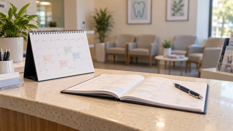 Kalender meja dan buku agenda terbuka di meja resepsionis klinik gigi.